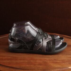 OluKai Sandals Womens SZ 6 BLK Gray Awe Awe Leather Slingback Comfort Flat Shoes